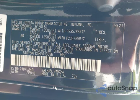 2021 Toyota Sienna Xle z USA, uszkodzony, nr VIN 5TDYSKFC5MS015686